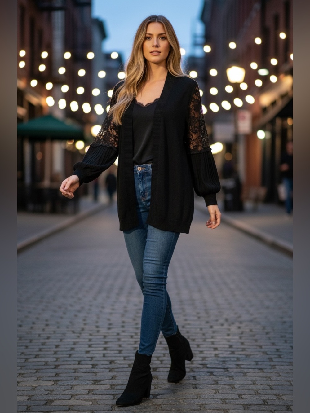 Pamela McCoy - Black Lace-Sleeve Open Cardigan